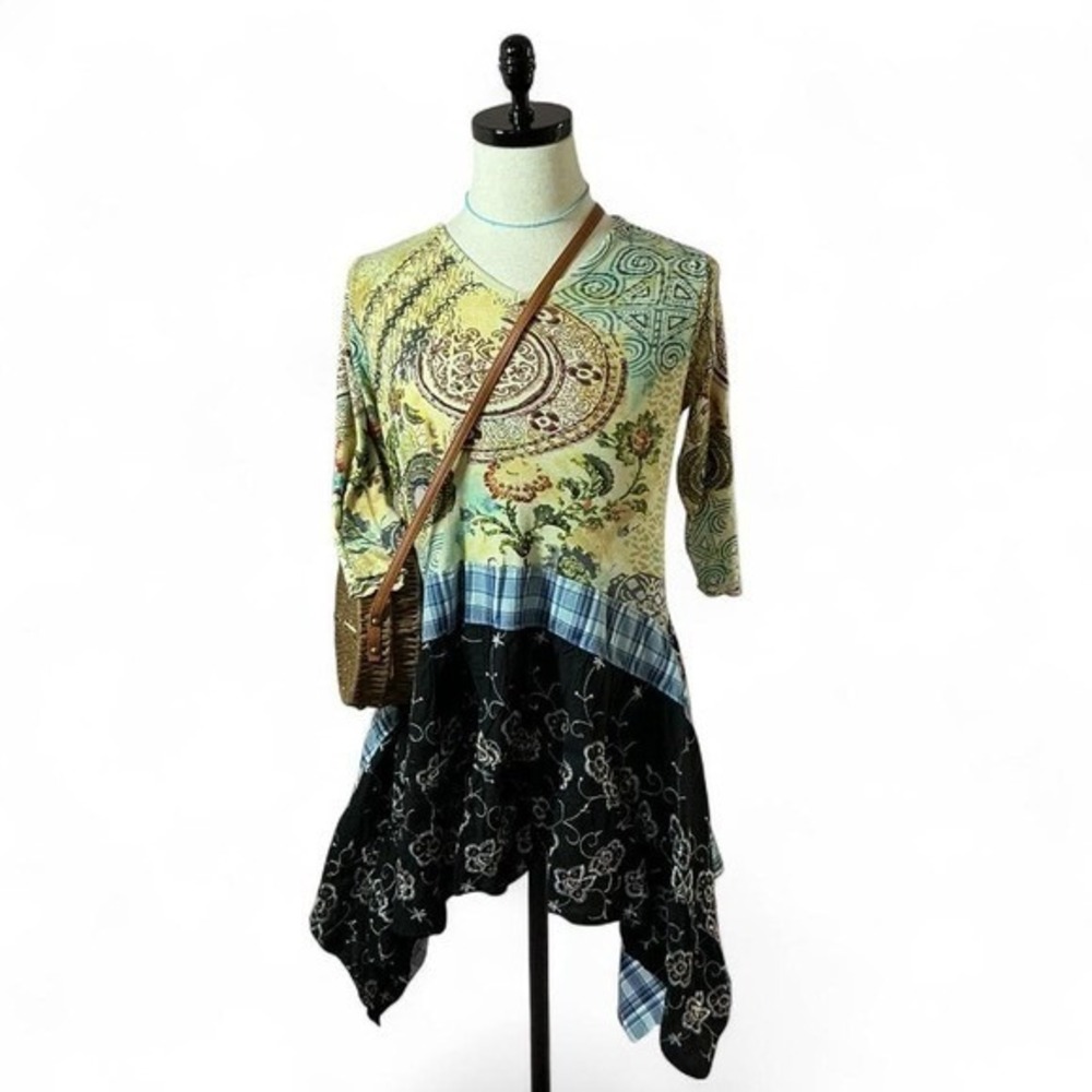 Zashi Womens XL Boho Patchwork Mixed Media Whimsigoth Hem Tunic Top 3/4 Sleeve